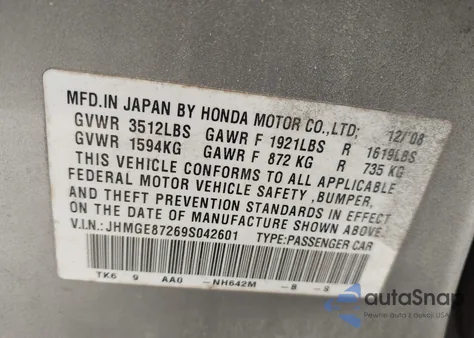 2009 Honda Fit z USA, uszkodzony, nr VIN JHMGE87269S042601